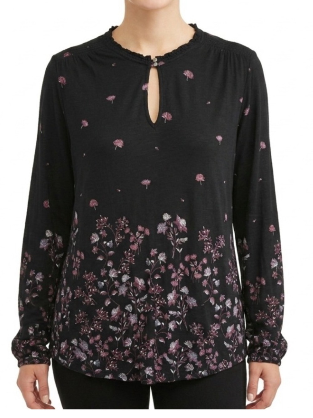 Lucky Brand Black Floral Print Keyhole Smocked Blouse Size 2X NEW
